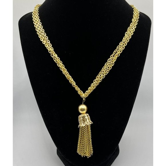 Vintage Gold Tone Tassel Statement Necklace Multi Strand Chain Retro - Picture 8 of 8
